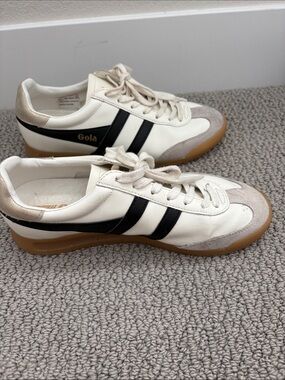 Gola Women's White Sneakers with Black Stripes and Gum Sole